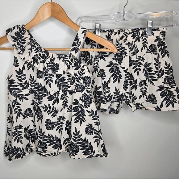 RACHEL ZOE 2 piece Black & Bone White Leaf Print Top & Shorts Set Girls Size 10 - Picture 1 of 9